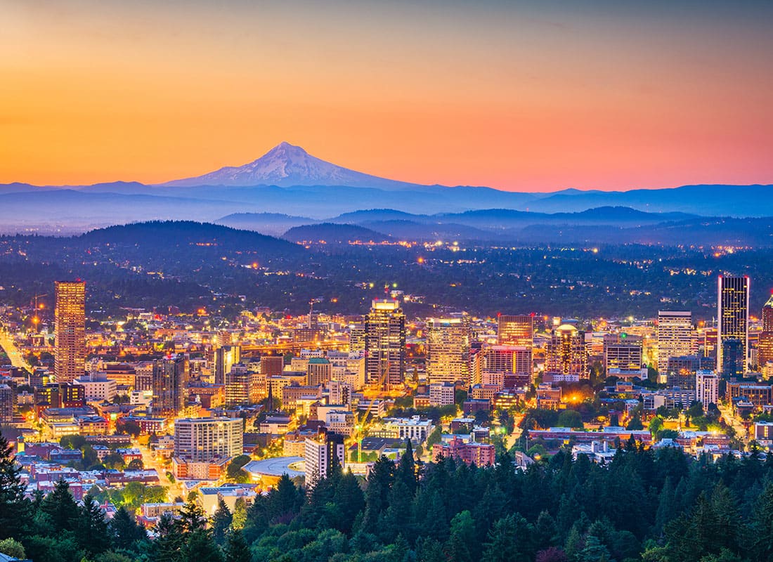 Contact - Aerial View of Portland, Oregon, USA Skyline in the Evening